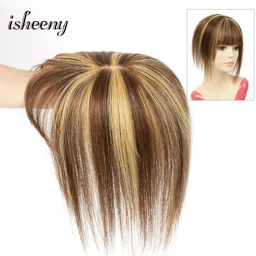 isheeny Dark Brown Human Hair Toppers 8x12cm Real Natural Invisible Top Hairpiece 8-14 inches Black Blonde Clip In Hair Piece