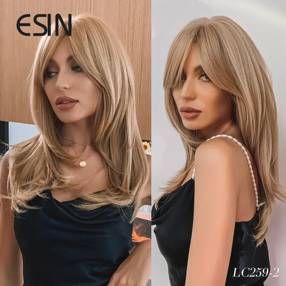 ESIN Synthetic Dark Brown Wig Long Wave Wigs for Women Hair Wig With Bangs Heat Resistant Party Daily Natural Use