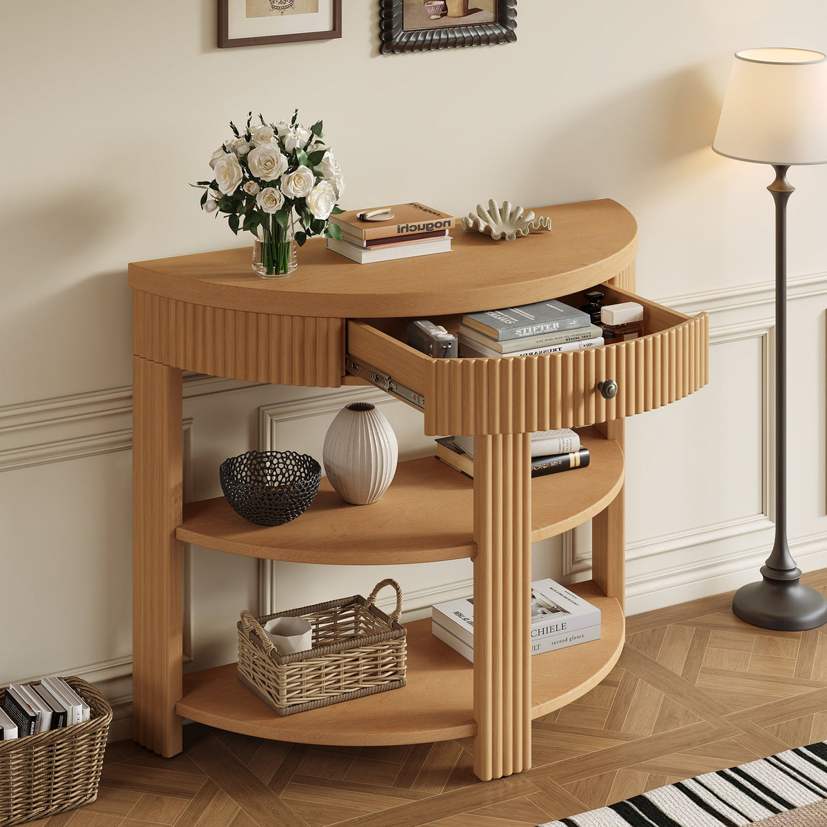 Fluted Half Moon Console Table with Drawer and 2 Shelves for Entryway,