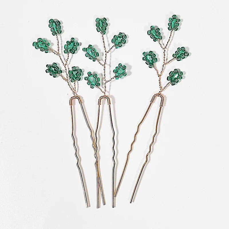 Green Color Rhinestone Hair Combs Bridal Hair Jewelry Leaf Hairpins Pearls Hairpins Bride Wedding Headdress Headband