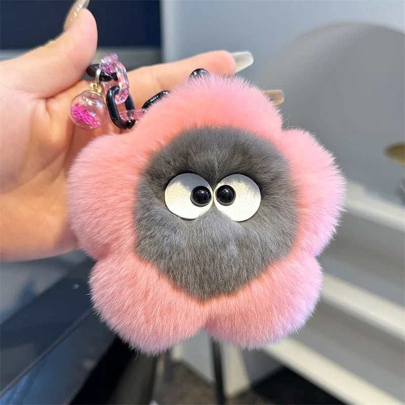 Rex Rabbit Fur Keychain Cute Plush Flower Keychain Car Bag Charms Keyring Pendant Accessories Keychain On The Phone Car Key Ring