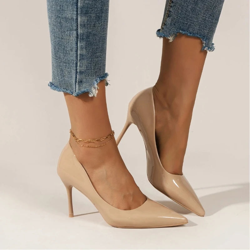 2025 Brand New Women's High Heels Fashionable Patent Leather Sexy Pointed Toe Comfortable Stiletto Wedding Shoes Size
