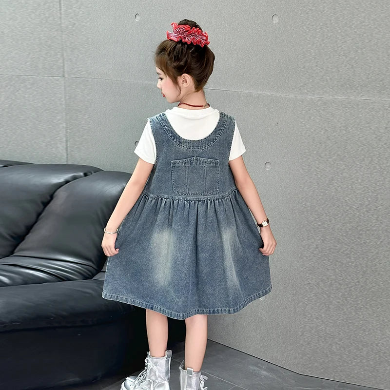 Kids Fashion Reversible Clothes Loose Fit Sleeveless Denim Vest Dress with Bow for Teens Girl Street Outfit Child Jeans Dress