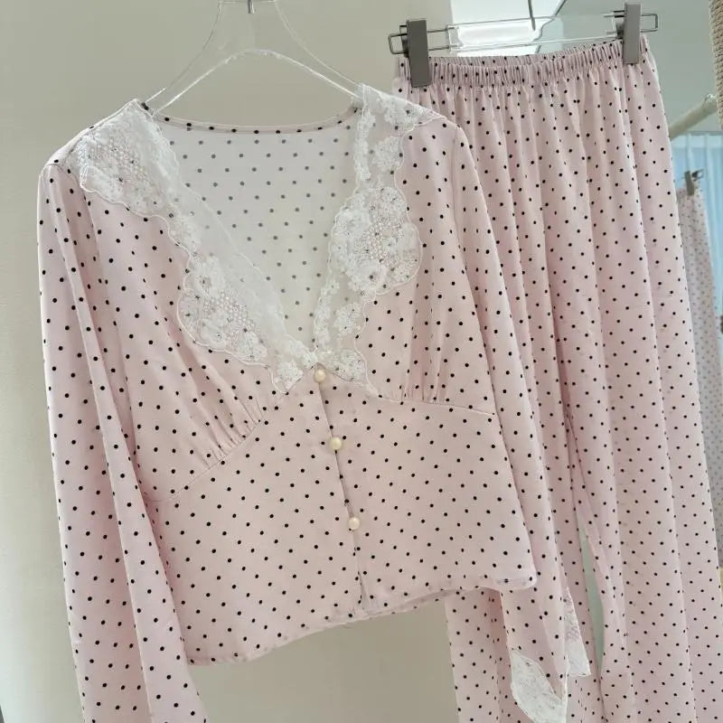 Princess Style Pink Dot Lace Pajamas Set Sexy Vest Top Shorts Pijama Mujer Summer Spring New Loungewear Ice Silk Lingerie