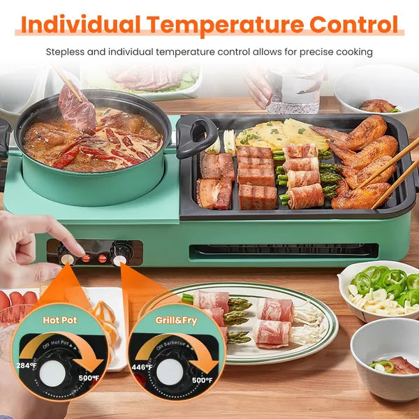 Electric Grill And Hot Pot Combo - 1600W Smokeless Korean BBQ Grill
