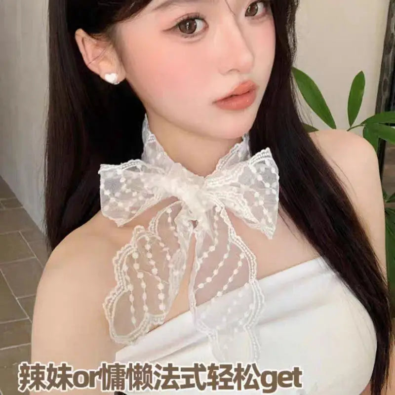 Y2k Women Narrow Long Scarf Elegent Lace Bow Necklace For Women Choker Long Ribbon Scarf Shawl Embroidery Headband Hair Scarf