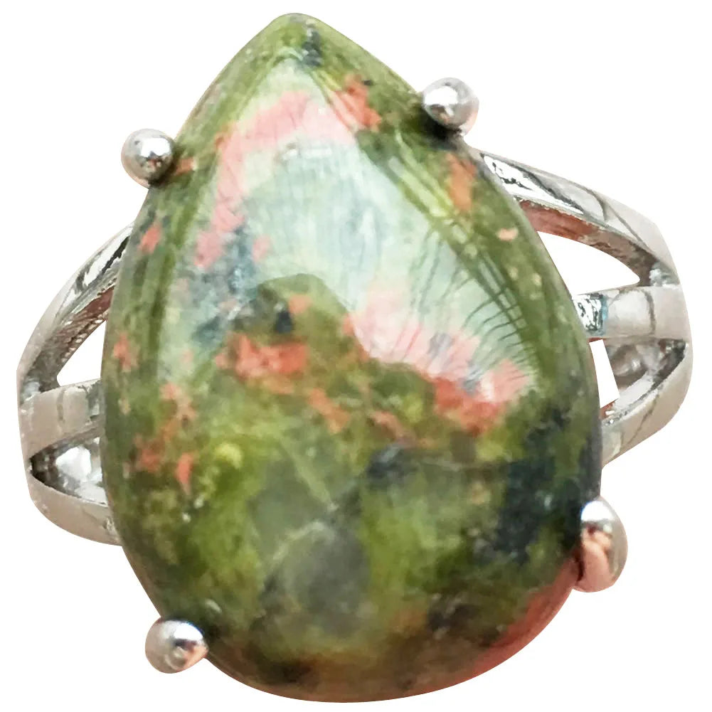 Crystal Tiger Eye Lapis Lazuli Aventurine Unakite Lava Carnelian Blue Sand Goldstone Howlite Water Drop Bead Art Ring  PWB903