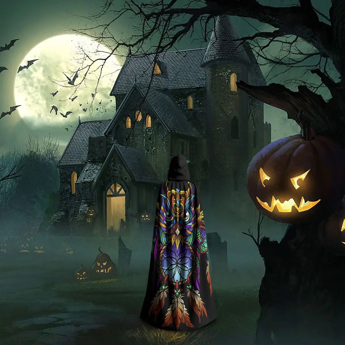 Dreamcatcher Owl Long Hooded Cloak Witch Medieval Costume Cosplay Cape HalloweenVampire Adult Unisex