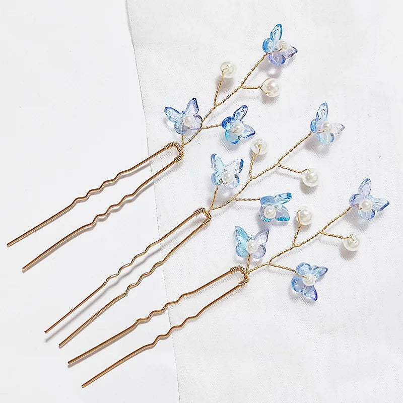 3PCS Women Blue Color Flower Hairpin Stick Wedding Bridal Crystal Pearl Hairpin U Shaped Hair Clip Barrettes Hair Accessories