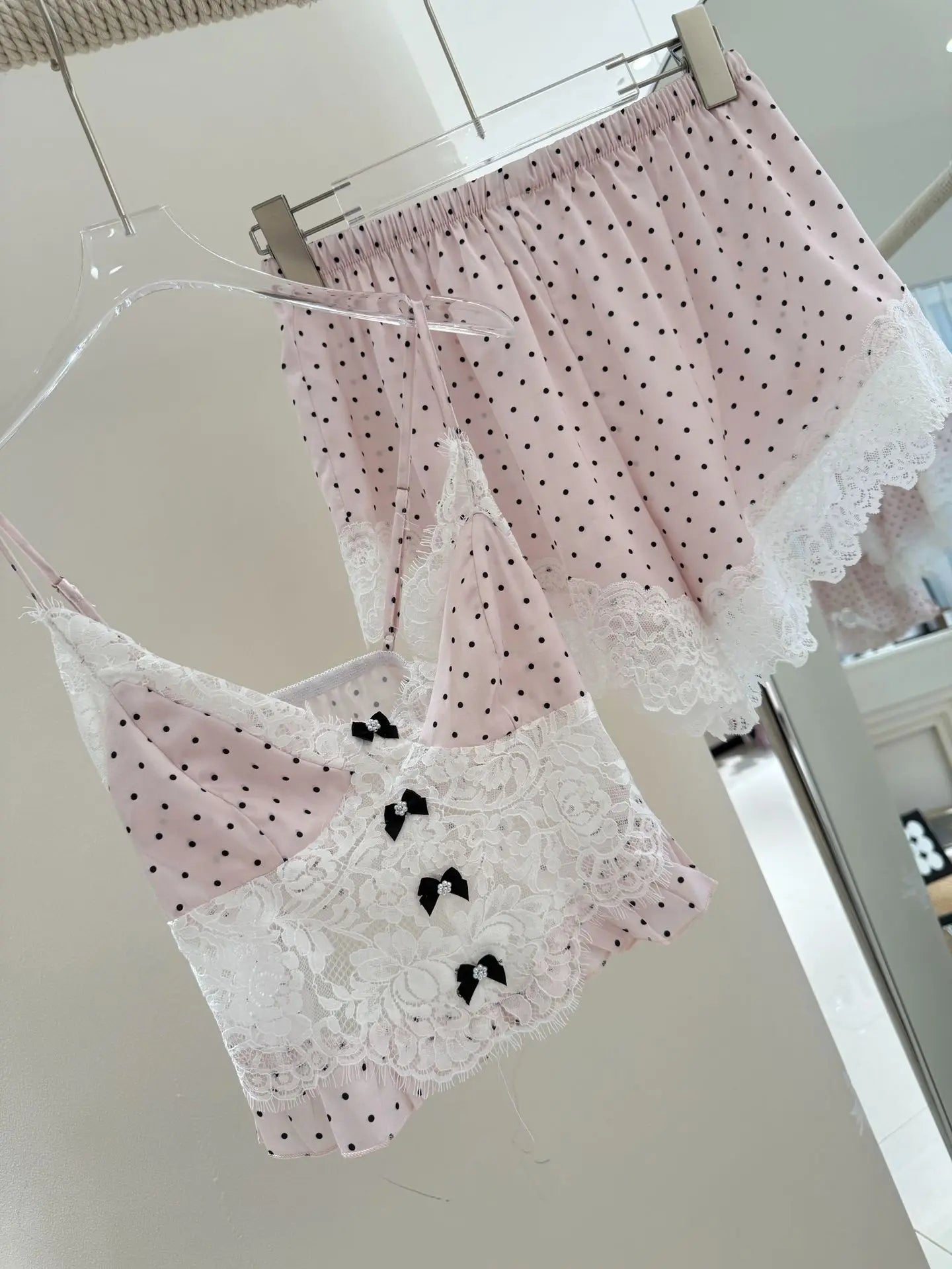 Princess Style Pink Dot Lace Pajamas Set Sexy Vest Top Shorts Pijama Mujer Summer Spring New Loungewear Ice Silk Lingerie