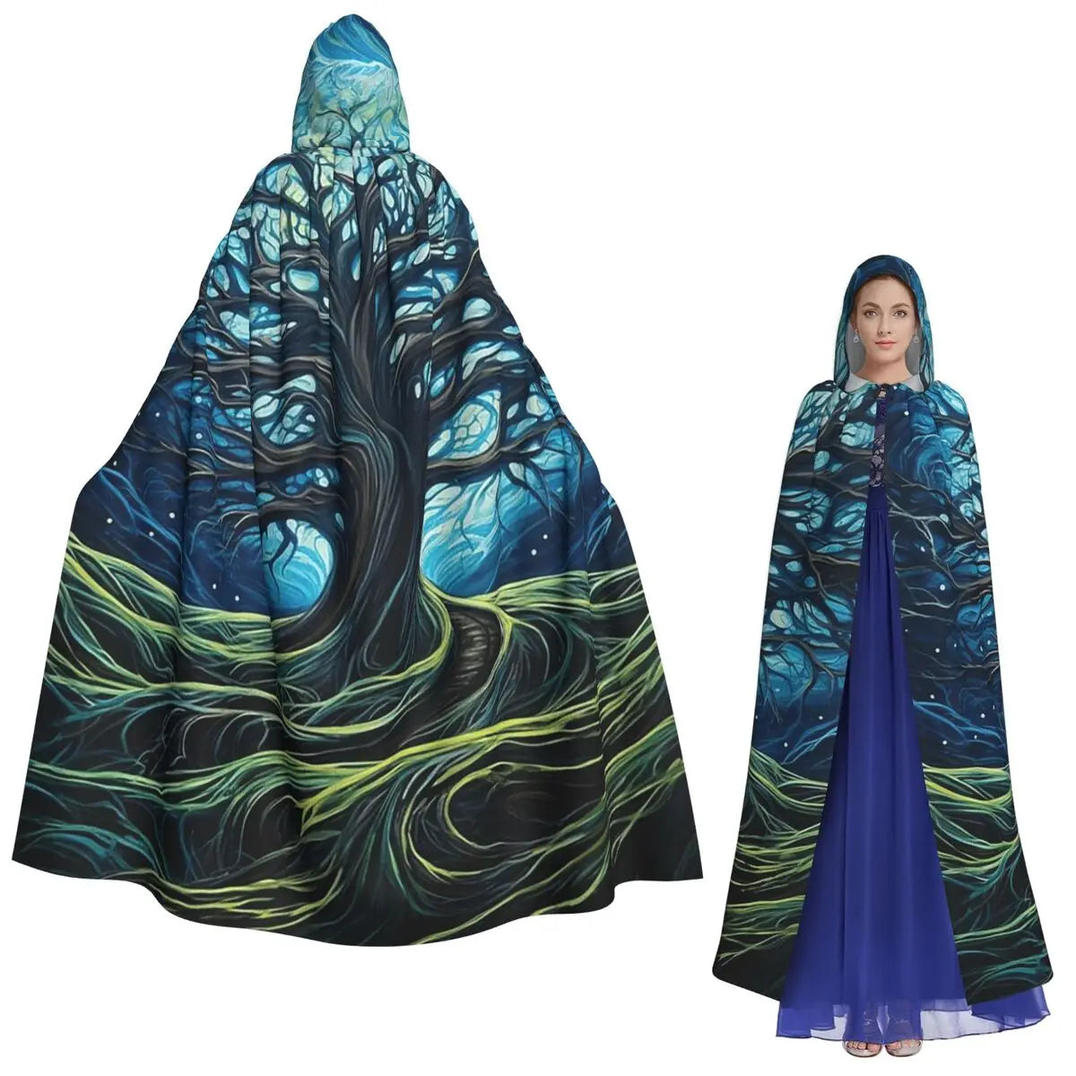 Magic Green Tree  Long Hooded Cloak Witch Medieval Costume Cosplay Cape HalloweenParty Adult Unisex