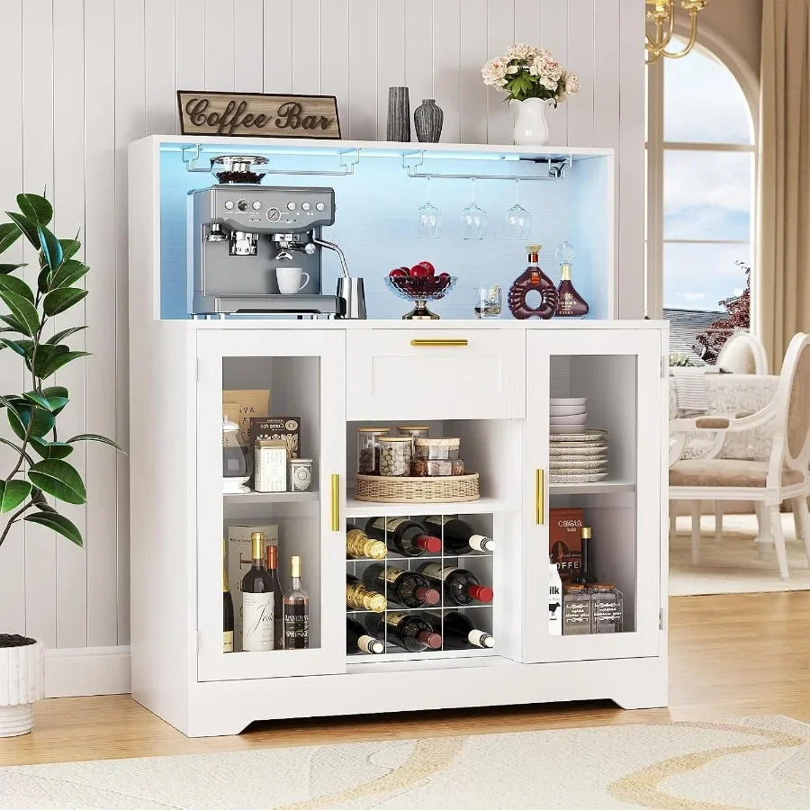 Coffee Bar Cabinet with RGB LED Light and Storage Hutch for home bar use, white MDF material, modern design with adjustable she