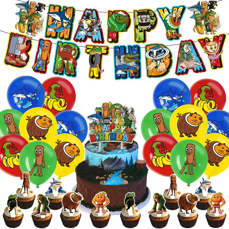 Tung Tung Sahur Birthday Party Decoration Tralalelo Tralala Banner Balloon Italian Brainrot Backdrop for Kids Baby Shower Supply