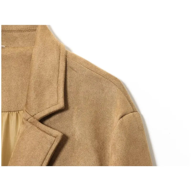 Suede Leather Coat Women Autumn Casual Long Sleeve Notched Lapel Collar Button Jacket Suit Collar Single Buckle Female Overcoat