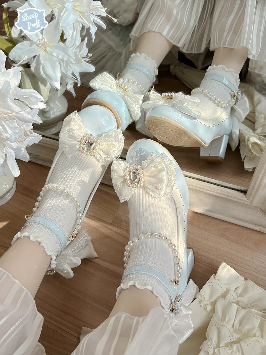 Original Lolita Sweet Flower Wedding Low Heels Shoes Women's Cute Bow Elegant Tea Party Mary Jane Shoes Ladies Leather Shoes