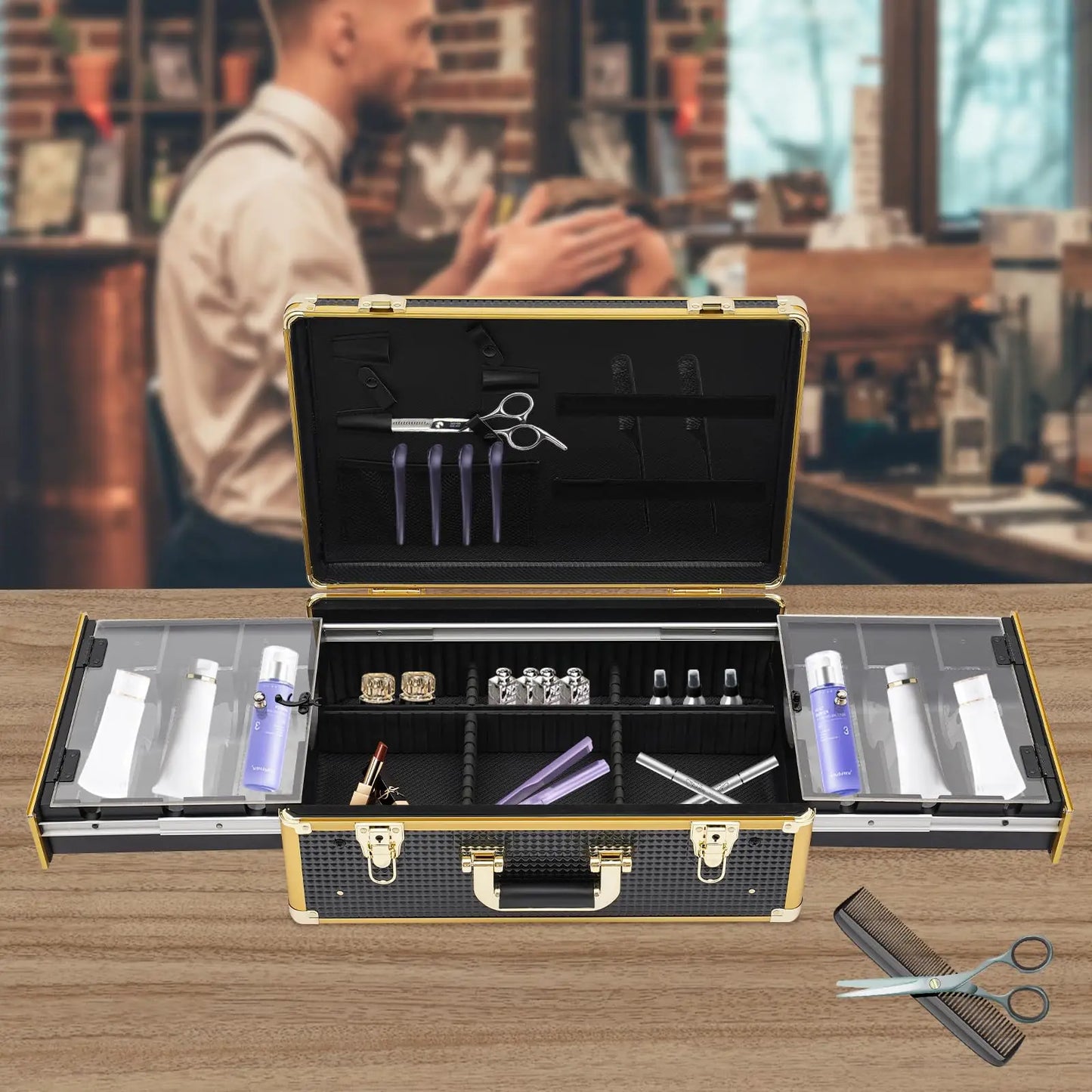 Cncest Beauty Salon Barber Case,Hair Stylist Tool Kits Organizer,Professional Barber Travel Carry Case for Hair Scissors Tools H