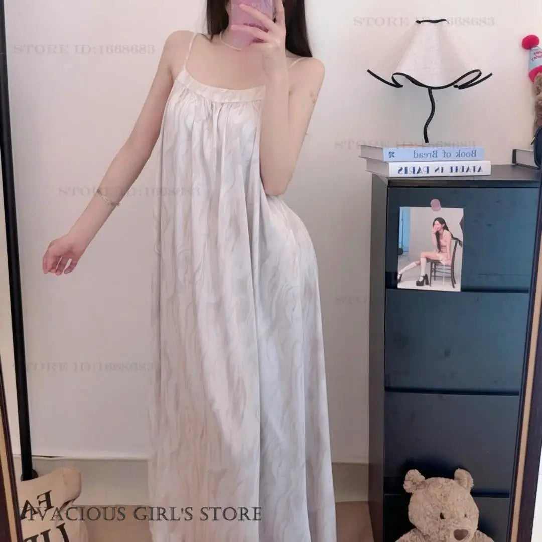 Summmer New Female Long Nightgown Home Dressing Gown Sexy Suspender Nightdress Intimate Lingerie Silky Satin Nightwear Nightie