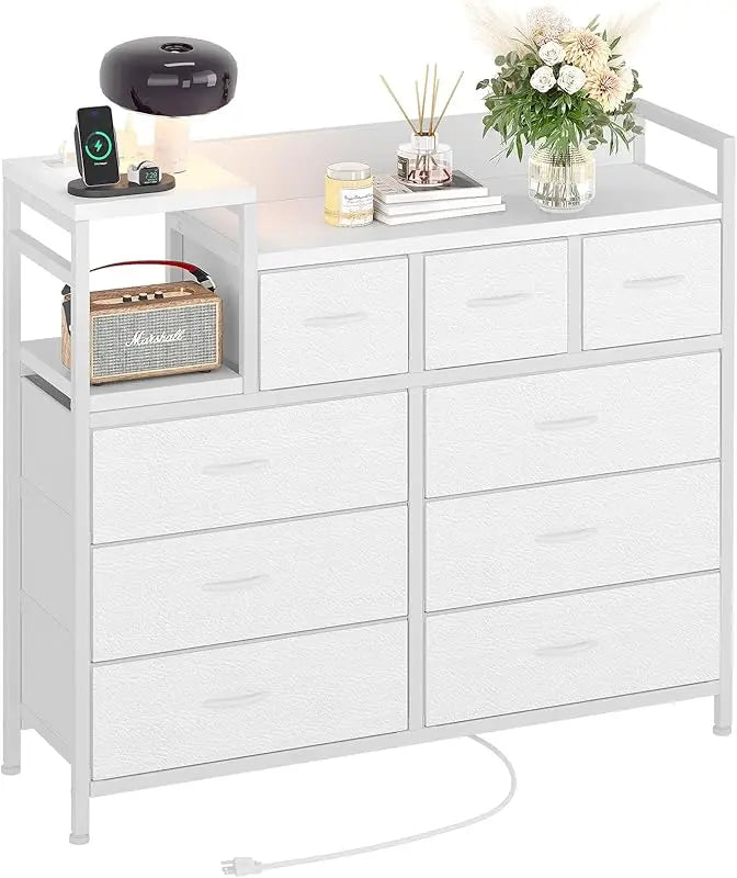 9 Drawer Storage Bedroom Dresser TV Stand |   Multi-Functional with Built-in Charging Station Tall Dresser for Closet O