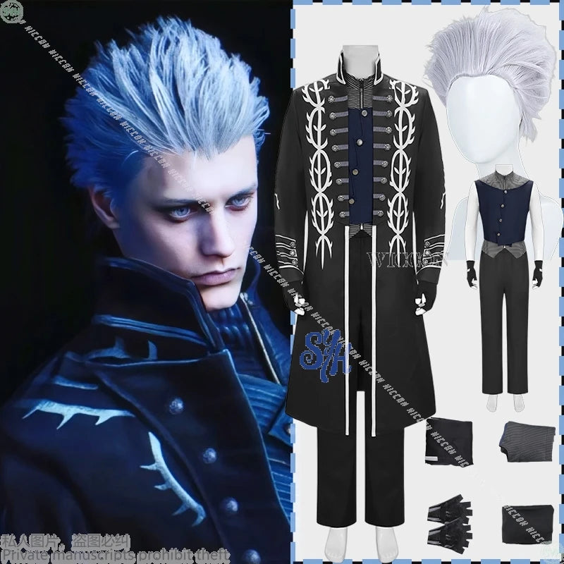 Game DMC5 Cosplay Vergil Anime Costume Demon Cos Cryy Long Black Punk Goth Coat Uniform Pants Jacket Vest Wigs Halloween Party