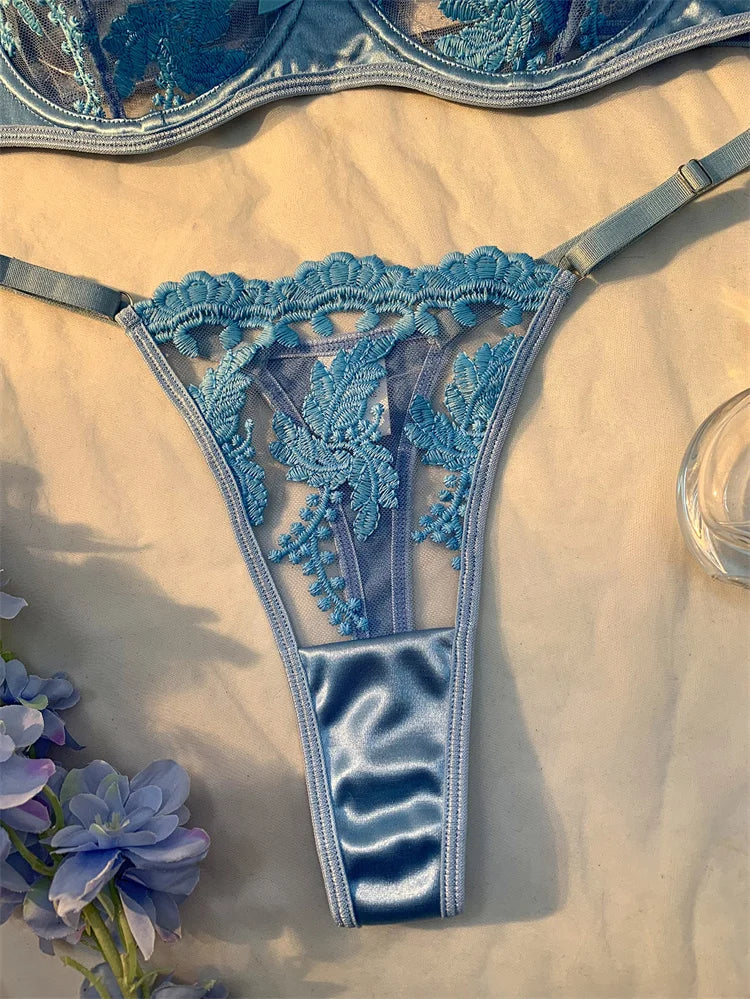 Sexy Adult Lingerie Set Light Blue Ultra Thin Mesh Underwear Delicate Embroidery Bra and Panties Sets Translucent Sexy Lingerie