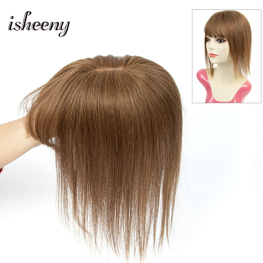 isheeny Dark Brown Human Hair Toppers 8x12cm Real Natural Invisible Top Hairpiece 8-14 inches Black Blonde Clip In Hair Piece