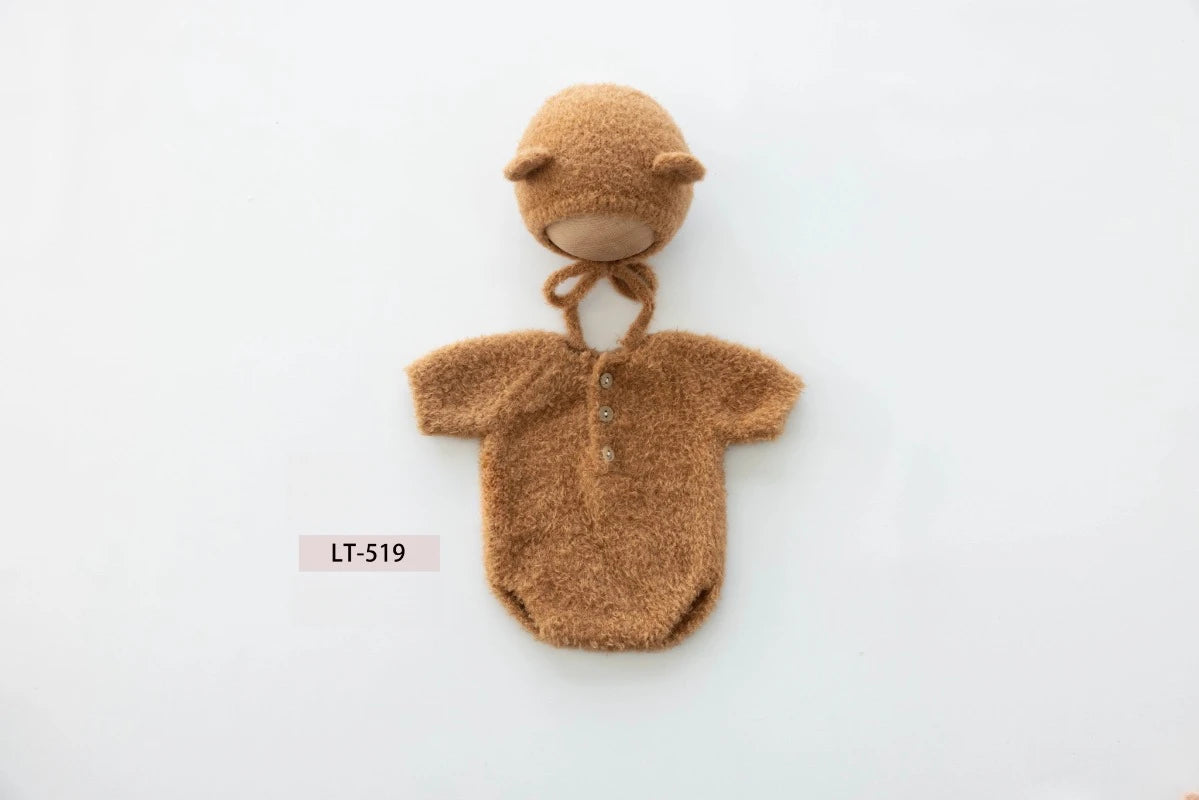 Newborn Photography Props Handmade Knitted Bear Clothes Costume Bodysuit with Hat and Cute Doll Set for Baby Studio Photo Shoot