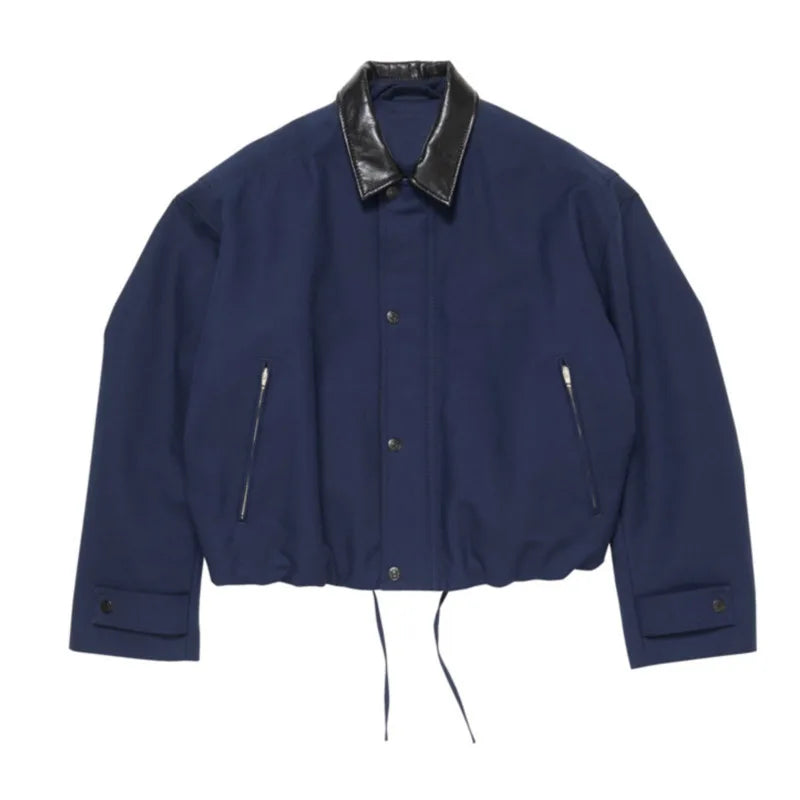 HKSH Spring Autumn New Man Tide Short Wide Fit Black Sheepskin Collar Safari Style Short Jacket Patchwork Chic Ins Coats HK11188