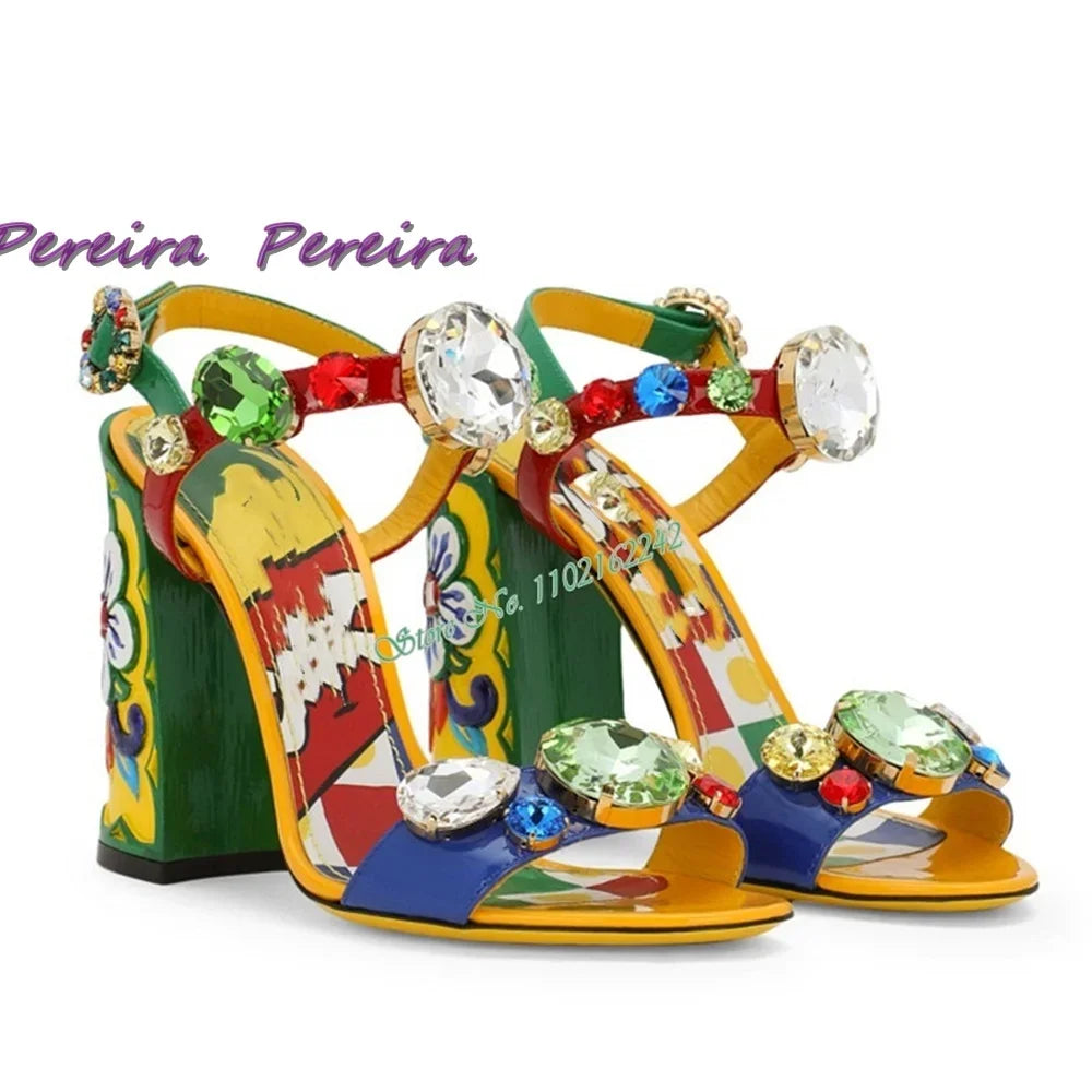 Classic Colorful Gemstone Sandals Crystal Open Toe Chunky Heel Buckle Strap High Heel Flower Designer Women Dress Party Shoes
