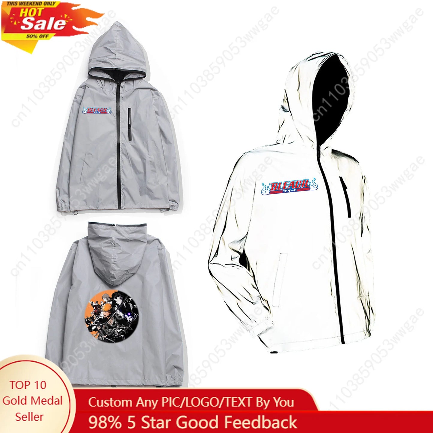 Bleach Reflective Jacket Mens Womens Coat Hooded Windbreaker Run Pocket Jackets Cycling Hiking Zipper Anime Personalized Hoodie