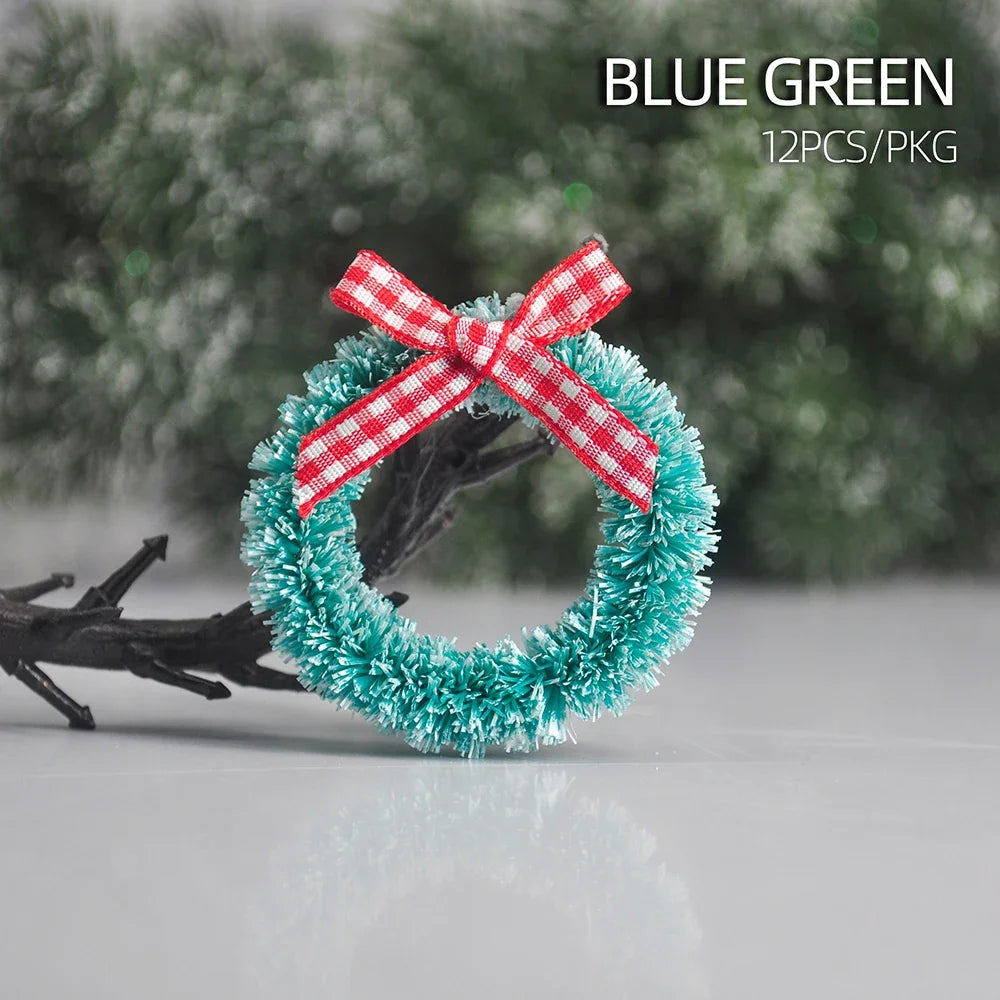 12pcs Christmas Mini Wreath for Front Door Handmade Simulation Garland Hanging Xmas Tree DIY Doll House Ornaments Party Supplies