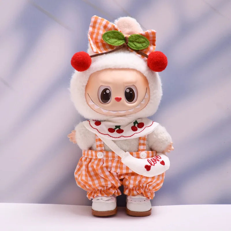 Cherry Hair Accessories and Overalls Set 17CM Pendant Labubu Doll 17cm Labubu Generation 1 2 and 3 Macaron Color Set