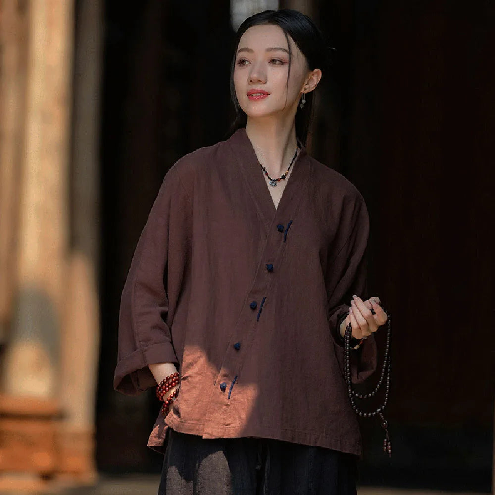 Korean Version Ramie Cotton Solid Color Long Sleeve Blouse Women's Retro Hanfu Hand-Stitched V-Neck Disc Buckle Loose Short Coat