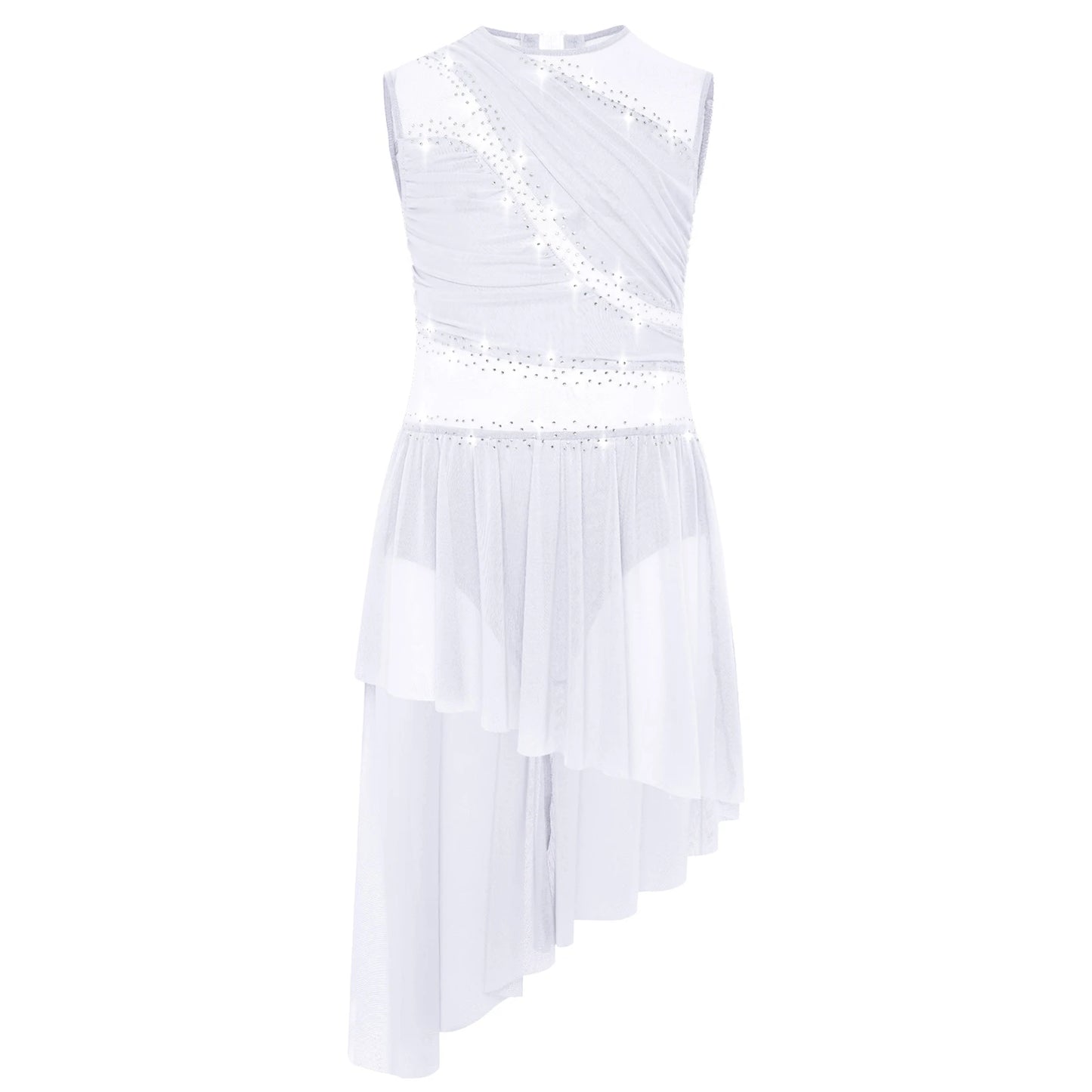 Kids Girls Ballet Dance Dress Figure Ice Skating Dancewear Open Back Asymmetrical Hem Rhinestone Sheer Gymnastics Leotard Dress