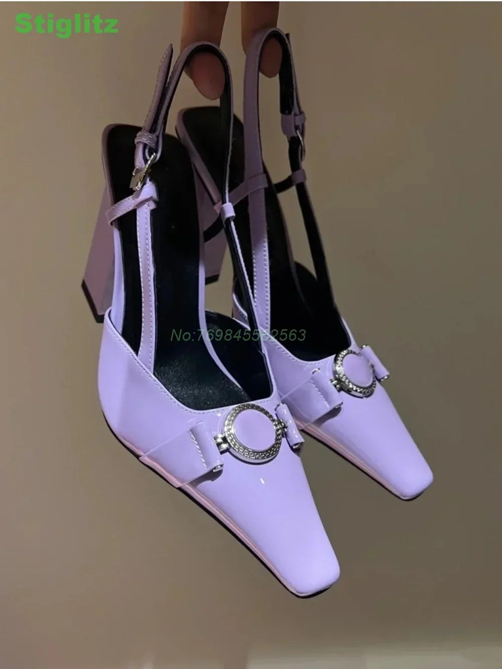 Sexy Slingback solid Sandals Metal Decoration Square Toe Chunky Shallow 2024 Summer Women Luxury Shoes Pink Purple Large Size