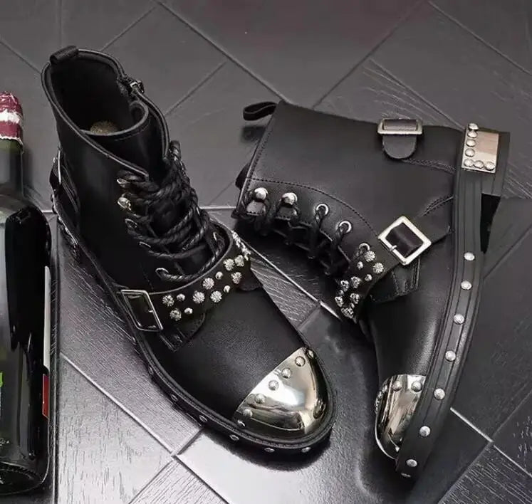 Punk Style Metal Toe Rivets Studs Buckle Strap Chelsea Boots Men Black Leather Motorcycle Boots Shoes Man Zapatos Hombre