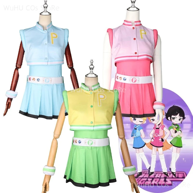 Power Cos Puff Girls Cosplay Costume Hyper Blossom Rolling Bubbles Costume Vest Coat Dress Outfit Hairband Gloves Belt Wig Women