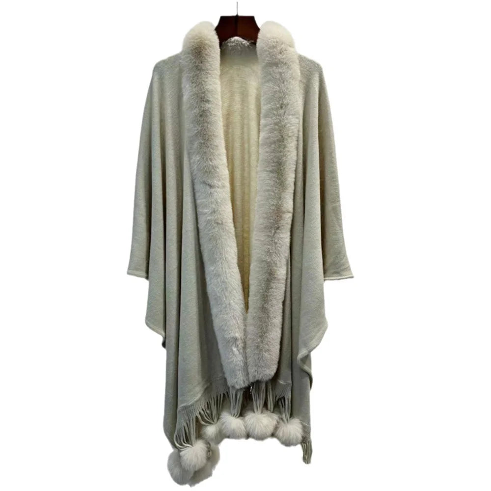 Winter Faux Rabbit Fur Ball Cloak Warm Thick Poncho Shawl Coat Women Big Pendulum Outer Wear Cardigan Long Pompon Cape
