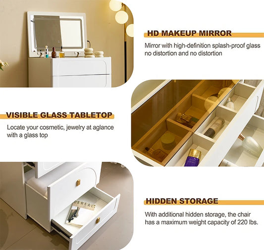 3-in-1 Dresser with Flip-Up Mirror and Light, Small Dresser Set with Visible Glass Tabletop, 3 Drawers, Storage Bench, 3-Color I