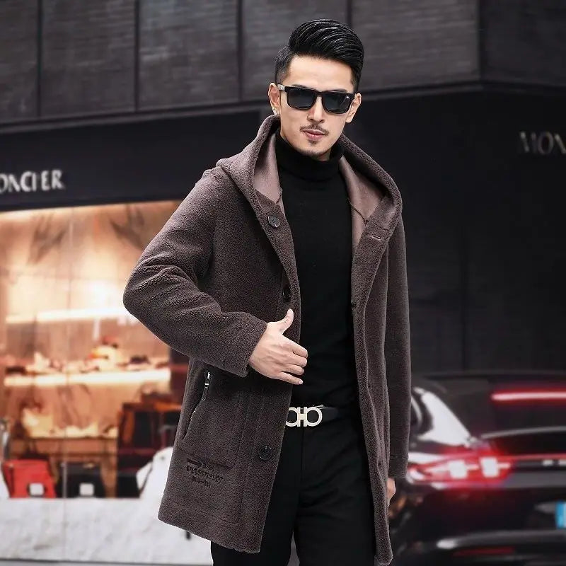 Men Winter Long Casual Thick Fleece Hooded Waterproof Jacket Male Real Fur Wool Coat  Outwear Vintage Clothing   G436