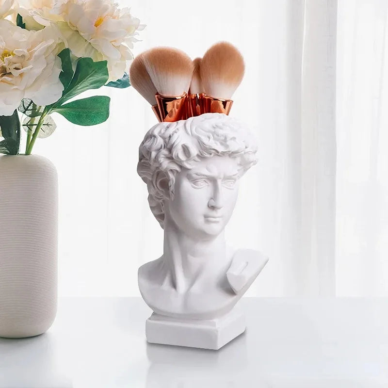 Nordic Portrait Vase Human Head Flower Vase Cachepot Resin David Sculpture Pen Holder Makeup Brush Storage Box Desk Accessories