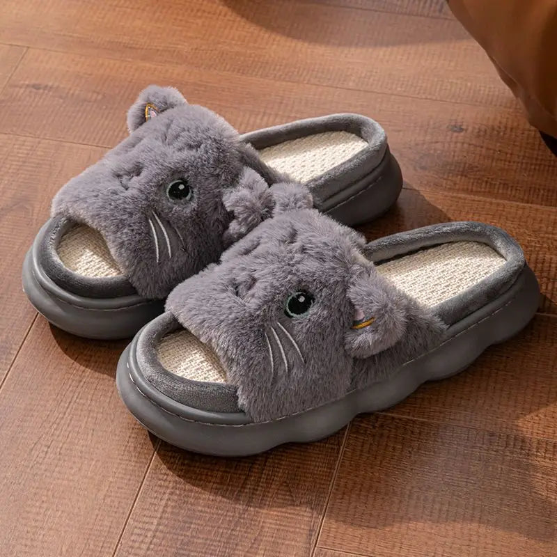 Open Toe Plush Shoes for Women Men Couples Cat Slippers Cute Stereoscopic Kitten Shoes Breathable Linen Slipper