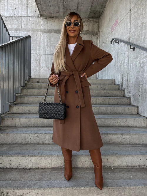 Double-breasted Lapel Split Jacket With Belt Winter Fashion Casual