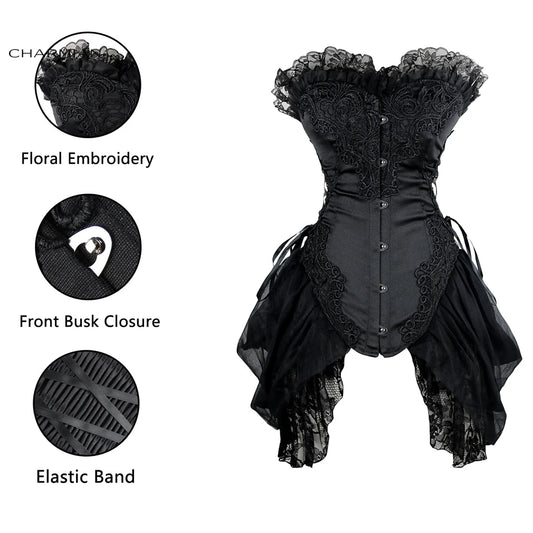 Charmian Burlesque Corset Fantasy Women Sexy Gothic Strapless Floral Lace Plus Size Lace Up Corset with Skirt Bustier Lingerie