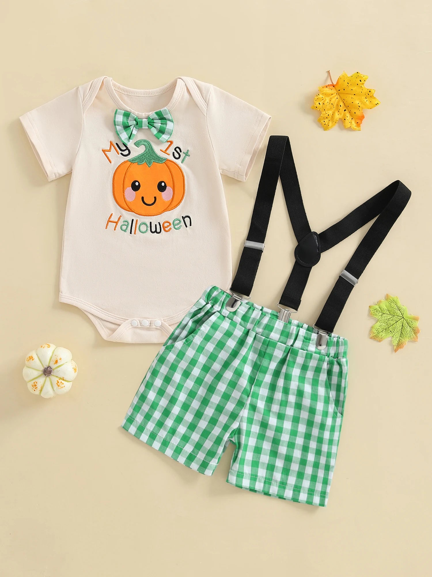 Cute Toddler Halloween Costume Pumpkin Patchwork Long Sleeve Romper with Checkered Suspenders Pants 2 Piece Set for Boys