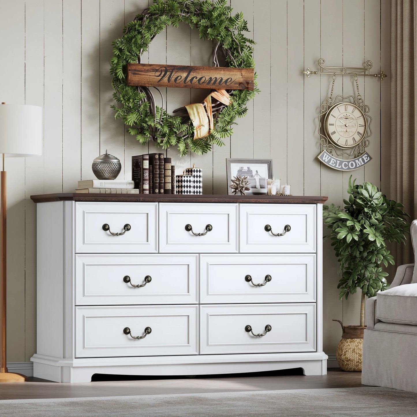 Farmhouse Dresser for Bedroom with 7 Drawer, Wood Vintage Dresser TV Stand for Living Room, Hallway