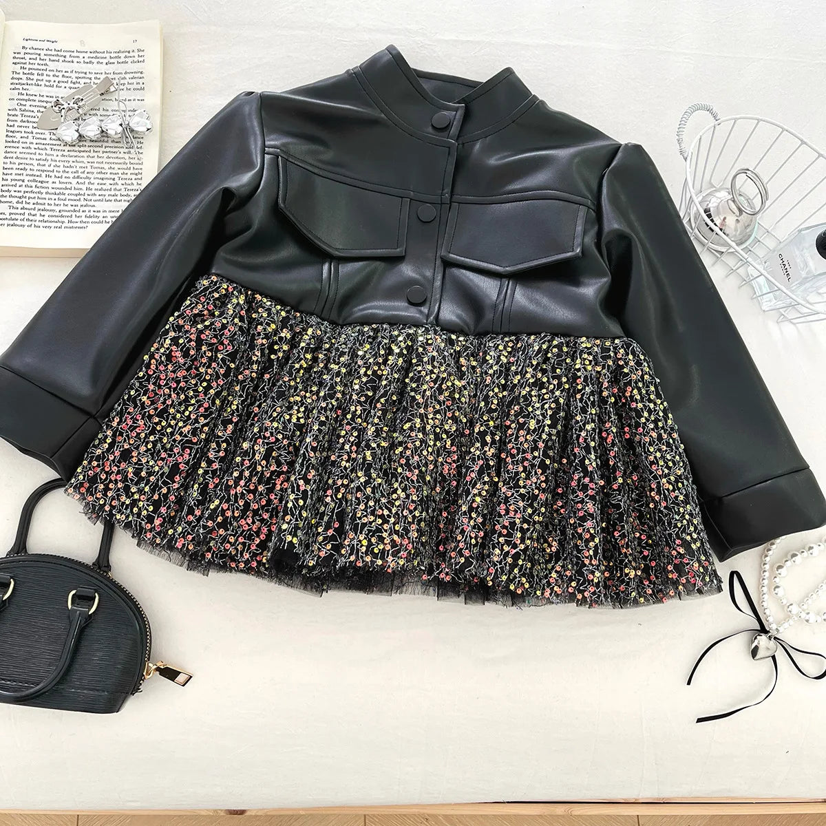 Spring and Autumn Girls Leather Jacket 2025 New Mesh Splicing Top Korean Baby Girls Temperament PU Jacket