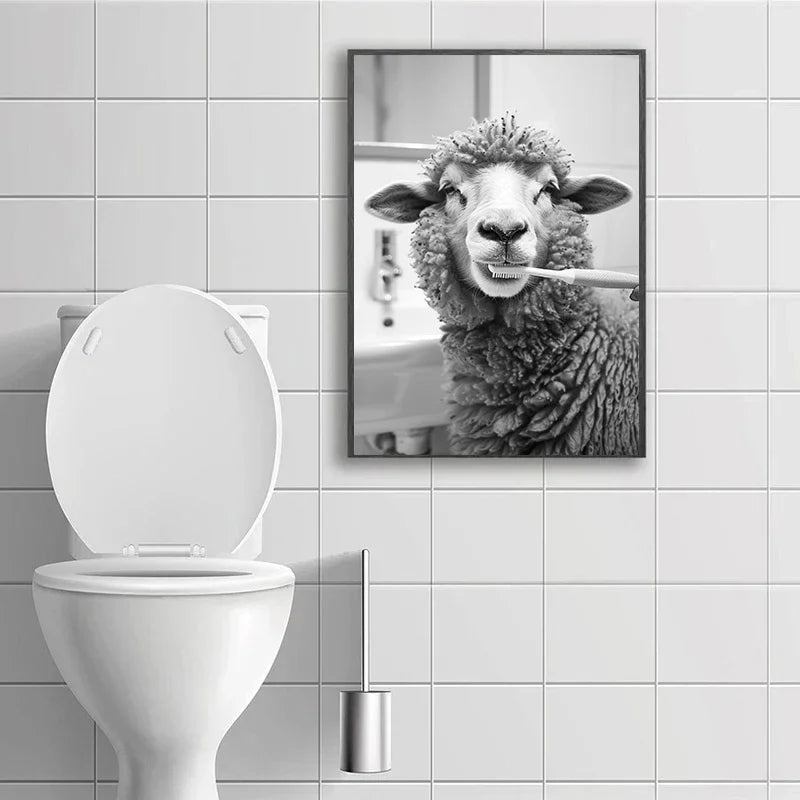 Black And White Cartoon Abstract Cute Animals Duck Hippo Panda Alpaca Brush teeth Posters Canvas Prints Art Home Room Wall Decor