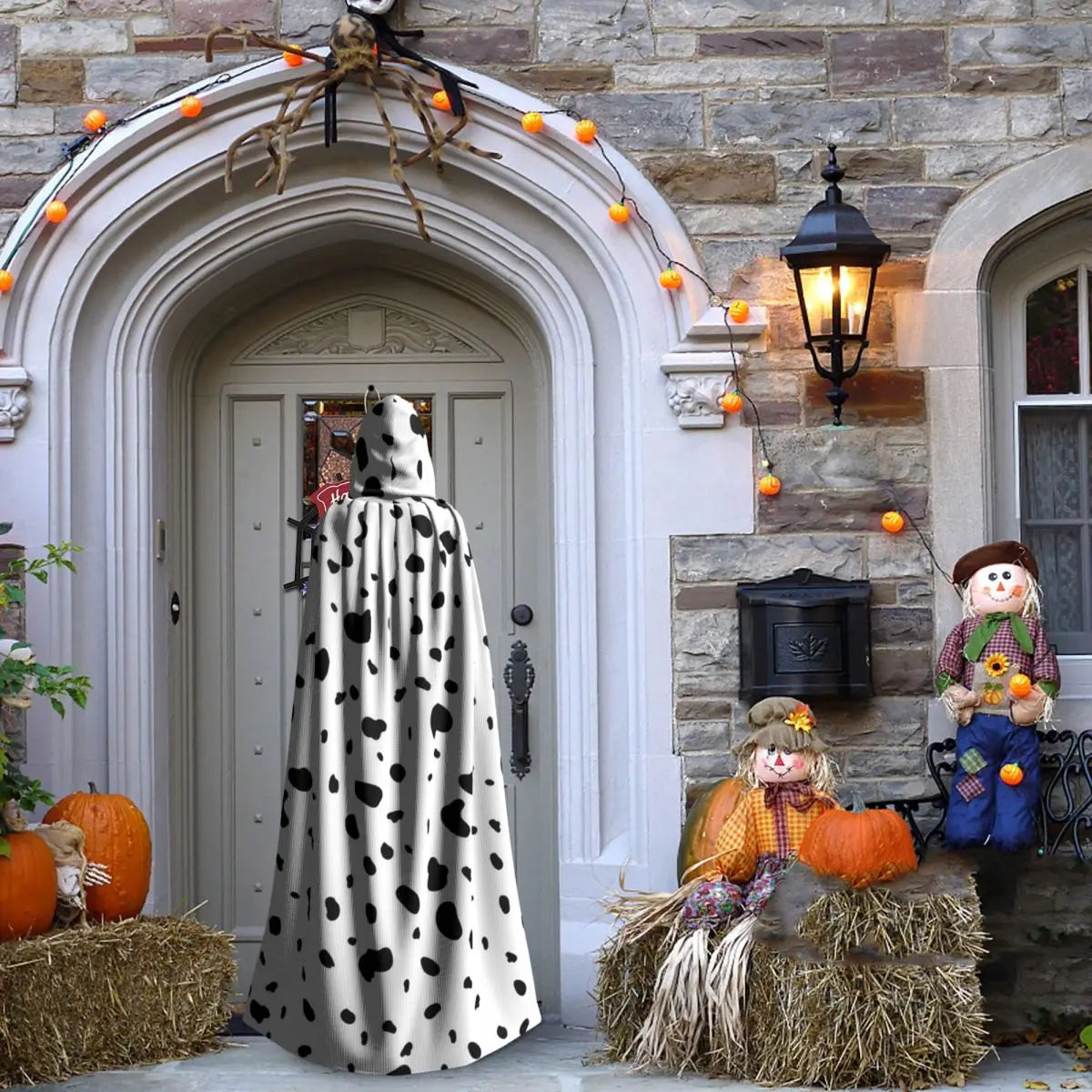 Dalmatian White And Black Dalmatian Dog Print Long Hooded Cloak Witch Medieval Costume Cosplay Cape HalloweenParty Adult Unisex
