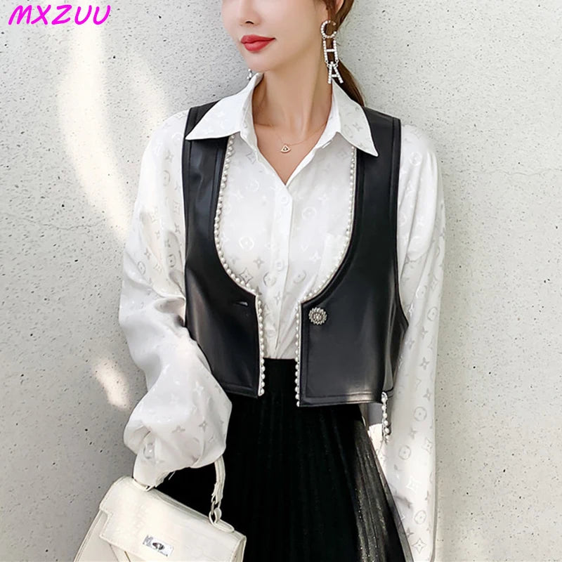 Sleeveless Leather Jacket Spring Autumn Women Real Sheepskin Pearls Decoration Slim Black/Coffee Short Vest Trend Chaleco Mujer