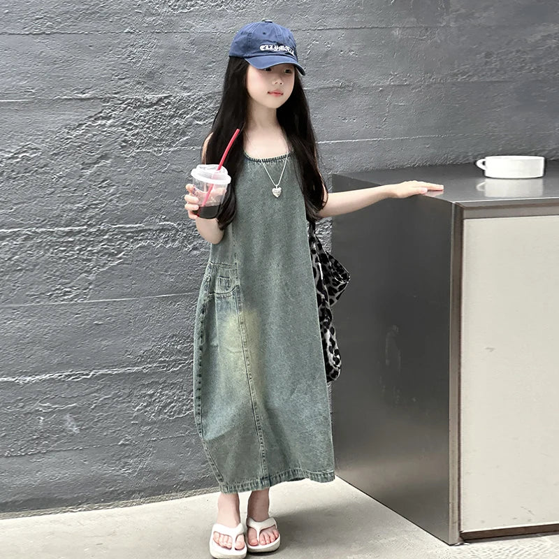 Vintage Blue Children Girls High Quality Sleeveless Denim Dress Streetwear Outfit Fashion Summer Kids Luxury Jeans Clothing